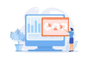 İnternet sitesi analizi. SEO analizleri bildiriyor. Pasta grafikleri, diyagramlar, bilgisayar monitörleri. Yıllık iş ve mali analist sunumu. düz vektör modern illüstrasyon