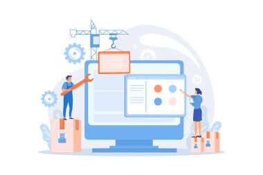 Profesyoneller dizüstü bilgisayar ekranında web sitesi oluşturuyorlar. Web sitesi geliştirme ya da web tarayıcı konsepti için kodlama, tasarım. düz vektör modern illüstrasyon