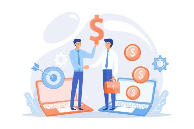 B2B satış elemanı dizüstü bilgisayardaki alıcıya ürün ve hizmet satıyor. İş satışları, B2B satış metodu, toptan iş trend konsepti. düz vektör modern illüstrasyon