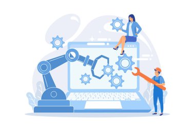 Humans and cobot robotic arm collaborate at laptop fixing gears. Collaborative robotics, cobot automatization, safe industry solutions concept. flat vector modern illustration clipart