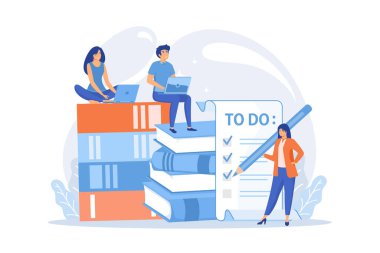 İnsanlar liste yapmak için işaretlenmiş kutular içinde hissediyorlar. Proje Yönetimi konsepti. Yazılım geliştirme süreci ve proje yönetimi faaliyetleri. Pembe mercan mavisi palet. düz vektör modern illüstrasyon