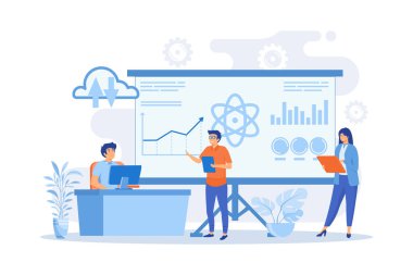 Bir proje üzerinde çalışan yazılım mühendisi, istatistikçi, görselleştirici ve analist. Büyük veri konferansı, büyük veri sunumu, veri bilimi konsepti. düz vektör modern illüstrasyon