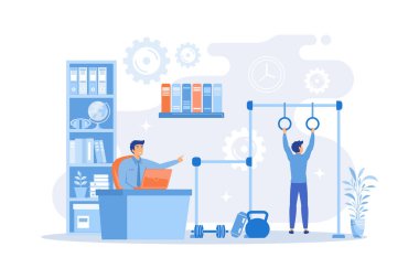 Fitness dostu ofiste çalışan ve egzersiz yapan bir iş adamı. Fitness odaklı çalışma alanı, sağlık bilinci olan çalışma alanı, modern ofis kavramı. düz vektör modern illüstrasyon