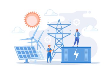 Yenilenebilir güneş enerjisi ve rüzgar santralinin batarya enerji deposu. Enerji deposu, enerji toplama yöntemleri, elektrik şebekesi konsepti. düz vektör modern illüstrasyon