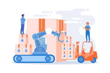 Depo çalışanları çalışıyor, eşya kutuları taşıyor. Depo lojistiği, RFID teknolojisi kullanımı, otomasyon depolama hizmeti konsepti. düz vektör modern illüstrasyon