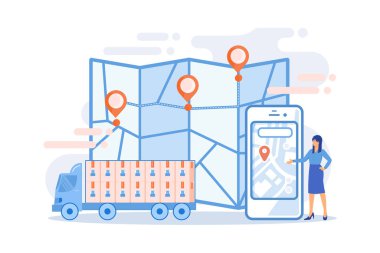 İzleme teslimatı, akıllı telefon uygulaması paketi. Teslimat noktası onayı, teslimat sürücüsü uygulaması, bağımsız kurye konsepti. düz vektör modern illüstrasyon