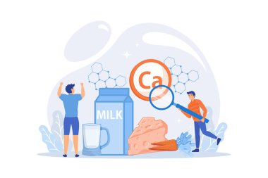 Küçük insanlar, sağlıklı sporcular ve yüksek kalsiyum içeren organik gıdalar. Kalsiyum, kalsiyum diyet takviyesi, güçlü kemikler ve diş kavramı. düz vektör modern illüstrasyon
