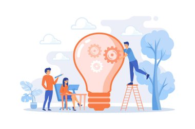 Dost canlısı açık alan işyerinde çalışan insanlar. Birlikte çalışma, serbest çalışma, takım çalışması, iletişim, etkileşim, fikir, bağımsız aktivite konsepti, pembemsi mercan mavisi palet. düz vektör modern illüstrasyon
