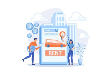 Ulaşım kiralama sitesi, otomobil satın alma. Adam internette ikinci el araba arıyor. Araba kiralama, araba kiralama, online araba kiralama konsepti. düz vektör modern illüstrasyon