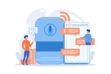 Müşteri çevrimiçi alışveriş yapıyor, akıllı konuşmacıyla mal ve teslimat siparişi veriyor. Ses kumandalı dijital asistanlar, ses kontrollü online alışveriş konsepti. düz vektör modern illüstrasyon