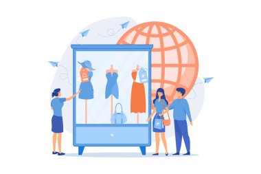 Geri dönüşümlü ve ekolojik tekstil. Sürdürülebilir moda, sürdürülebilir üretim markası, modada yeşil teknolojiler, etik giyim üretim kavramı. düz vektör modern illistasyon