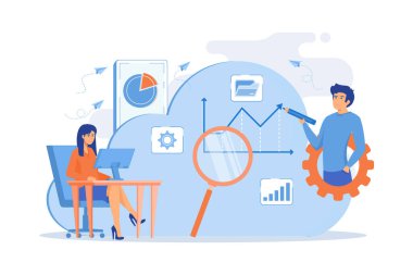 Geliştiriciler çizim yapıyor, uygulamaları izliyor. Kaynaklar hesaplanıyor, veri ve hizmetler yürütülüyor, bulut teknolojisi organizasyonu ve yönetim kavramı. düz vektör modern illüstrasyon
