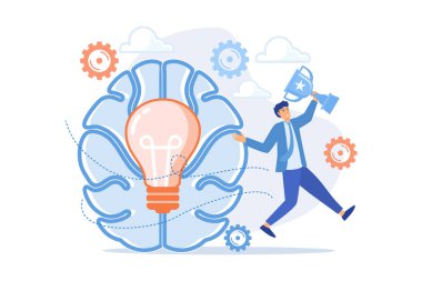 Ampullü beyin ve bardak taşıyan kullanıcı sıçramaları. Başarı, güven ve kazanma mücadelesi, motivasyon ve hedef başarı kavramı için mücadele ve hamle. düz vektör modern illüstrasyon