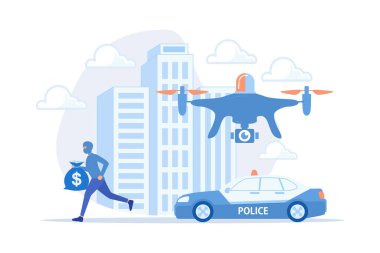 Polis arabası ve İHA para ve suç mahalli maskeli hırsızı takip ediyor. Kanun adamları, polis dronları, akıllı şehir araçları konsepti. düz vektör modern illüstrasyon
