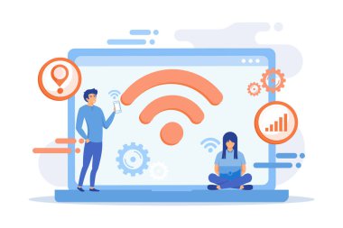 Diz üstü bilgisayar ve kablosuz internet bağlantısı olan akıllı telefon kullanan iş adamları. Wi-fi bağlantısı, Wi-Fi iletişim teknolojisi, ücretsiz internet hizmeti kavramı. düz vektör modern illüstrasyon