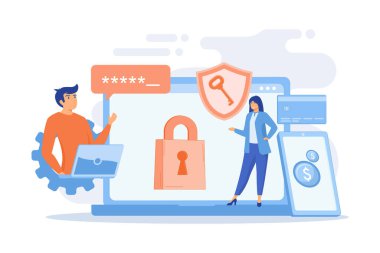 Geliştiriciler siber güvenlik programı üzerinde çalışırlar. Siber güvenlik yazılımı, bilgi güvenliği programı ve beyaz arka planda antivirüs konsepti. düz vektör modern illüstrasyon