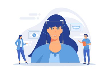 Küçük insanlar, kadın duygularını ses ve yüzlerinden tanırlar. Duygusal algılama, duygusal durum tanıma, emo sensör teknolojisi konsepti. düz vektör modern illüstrasyon