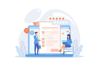 Müşteriler düz vektör illüstrasyonunu gözden geçiriyorlar. Müşteri tecrübesi, anket formu, web sitesi değerlendirme konsepti. Sosyal medya ağları geri bildirim ve sıralama. düz vektör modern illüstrasyon