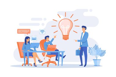 Ofis toplantısı, beyin fırtınası temsili. Yaratıcı fikir üretimi, şirket çalışanları işbirliği, yenilikçi tartışma konsepti. düz vektör modern illüstrasyon