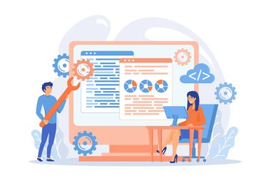 Yazılım yapılandırması düz vektör çizimi. Finansal teknoloji, analitik bilgisayar programı optimizasyonu, bilişim endüstrisi, veri analiz konsepti. düz vektör modern illüstrasyon