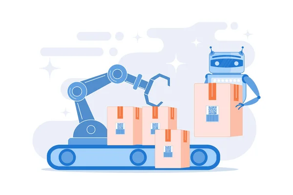 コンベアベルトとロボットアームの箱で人間の作業を置き換えるロボット 労働代替 人対ロボット ロボット工学労働管理の概念 フラットベクトル現代イラスト — ストックベクタ