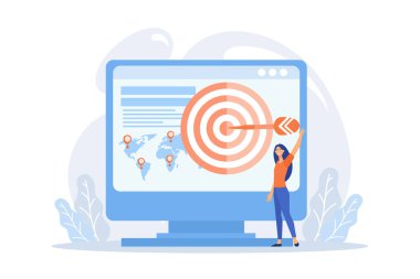 Grup iş araştırmasına odaklan. Veri analiz şirketi kârlı strateji planlaması. Dartboard bilgisayar ekranında. Şirket hedefleri ve başarıları. düz vektör modern illüstrasyon