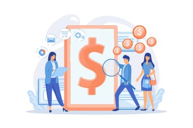 Büyüteci olan müşteriler e-fatura alıyor ve faturalarını internetten ödüyorlar. E-fatura servisi, elektronik faturalandırma, e-fatura sistemi ve e-ekonomi araçları kavramı. düz vektör modern illüstrasyon