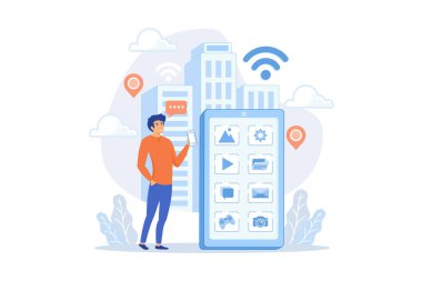 Sosyal medya ve haber kaynaklarını kontrol eden ekranda uygulama simgeleri olan dev akıllı telefonun yanındaki bir adam. Sosyal medya, haber ipuçları, uzak ve akıllı şehir konsepti. düz vektör modern illüstrasyon