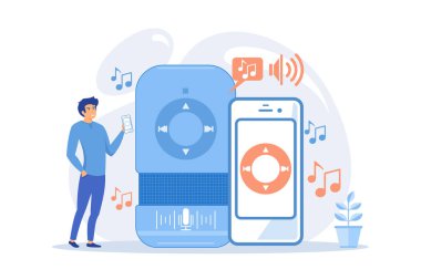 Kullanıcı akıllı hoparlörde ve cep telefonunda müzik çalıyor. Mobil uygulamalar konsepti için müzik çalma ve yayınlama, sesle etkinleştirilmiş dijital asistanlar. düz vektör modern illüstrasyon