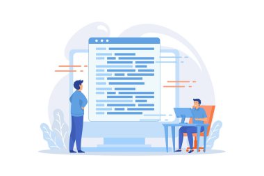 Kodlama ve web sitesi geliştirme. Teknik destek. Programlama mühendisliği. Kodlayıcı, web geliştirici, bilgisayar yazılımı. Programcı erkek düz karakter. düz vektör modern illüstrasyon