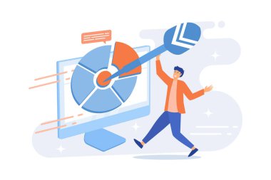 Hedef pazarlama raporu, iş sunumu. İş adamı düz karakter istatistikleri açıklıyor. Çevrimiçi sosyal anket, anket, analiz sonuçları. düz vektör modern illüstrasyon