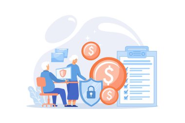 Yaş emekliliği, para tasarrufu. Çevrimiçi banka hesap koruması. Yaşlılar için finansal güvenlik, yaşlılar için yoksulluk, yaşlılar için bütçe planlaması. düz vektör modern illüstrasyon