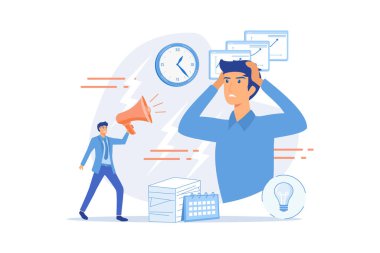 Bitkin, hayal kırıklığına uğramış, tükenmiş bir işçi. Patron çalışana bağırır, son teslim tarihi. Stres atmak, akut stres bozukluğu, işle ilgili stres konsepti. düz vektör modern illüstrasyon