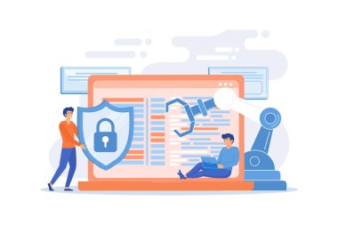 Geliştiriciler, robotlar büyüteçle dizüstü bilgisayarda çalışıyor. Sanayi siber güvenliği, endüstriyel robot yazılımı endüstriyel robot konseptinin korunması. düz vektör modern illüstrasyon