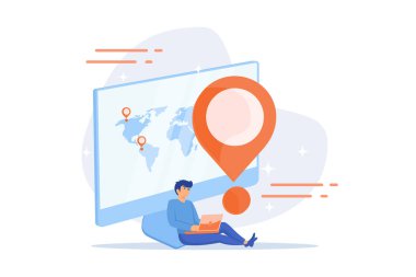 Dünya çapında teslimat servisi. Küresel navigasyon, sipariş sistemi, dünya turizmi fikri. Tatil yeri. Tatil yeri seçimi, paket durum takibi. düz vektör modern illüstrasyon