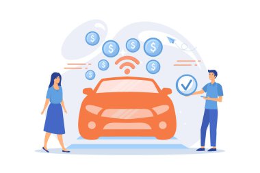 Araç içi ödeme sistemiyle donatılmış araçlarla ödeme yapan işadamları. Araç ödemelerinde, ödeme teknolojisinde, modern perakende hizmetleri kavramında. düz vektör modern illüstrasyon