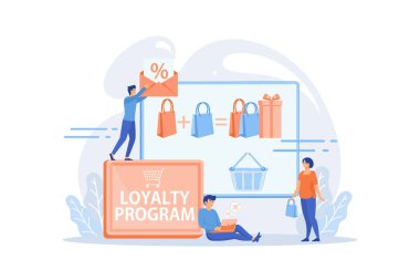 Alışveriş satışı. İndirim teklifi. Sadakat programı. Müşteri çekici pazarlama. Satış promosyonu, yaratıcı perakende tanıtımı, satış konseptini yükseltmek. düz vektör modern illüstrasyon