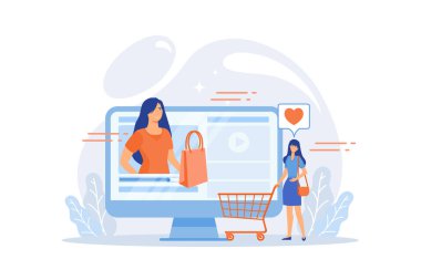 İş kadını alışveriş çılgınlığı yapan alıcılarla video izlemeyi seviyor. Alışveriş çılgınlığı videoları, video içeriği, güzellik moda kanalı konsepti. düz vektör modern illüstrasyon