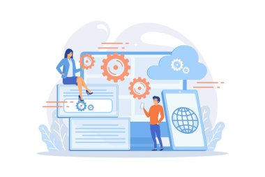 Programcılar platformlar için program geliştirirler. Platformlar arası programlama, platformlar arası geliştirme ve beyaz arka planda yapı kavramı. düz vektör modern illüstrasyon