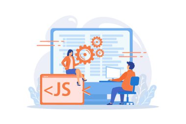 Küçük işletmeciler sökülebilir bilgisayarda çalışır. Ayrıştırılabilir cihaz teknolojisi, sökülebilir bilgisayar, modüler elektronik geliştirme konsepti. düz vektör modern illüstrasyon