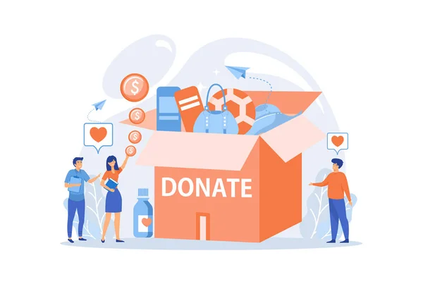 Volontärer Samlar Varor Till Välgörenhet Enorm Donationslåda Och Donerar Mynt — Stock vektor