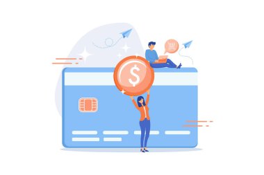 Dolar parası ve kullanıcıları olan kredi kartı. E-ticaret ve online alışveriş, finansal işlemler ve plastik kart, mobil ödeme ve bankacılık kavramı. düz vektör modern illüstrasyon