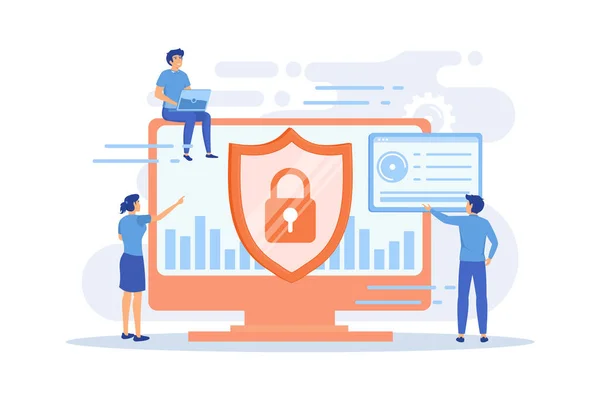 Analistas Segurança Protegem Sistemas Conectados Internet Com Escudo Cibersegurança Proteção —  Vetores de Stock