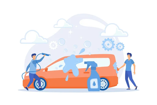 stock vector Auto wash attendants cleaning the exterior of the vehicle with special equipment. Car wash service, automatic carwash, self-serve car wash concept. flat vector modern illustration