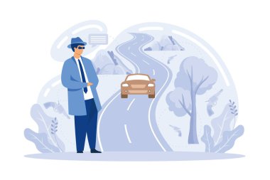 Yol güvenliği. Trafik suçu ve dolandırıcılığı, yol çalışmaları, yoldaş gezgin, otostop, suç trafiği, inşaat ve onarım, hız sınırı işareti soyut metaforu. Düz vektör modern illüstrasyon