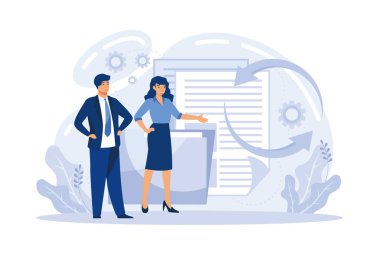 Meslektaşlarına görev ve sorumluluk vermek. İş paylaşımı, alternatif çalışma programı, iş birliği, iş bölümü konsepti. düz vektör modern illüstrasyon