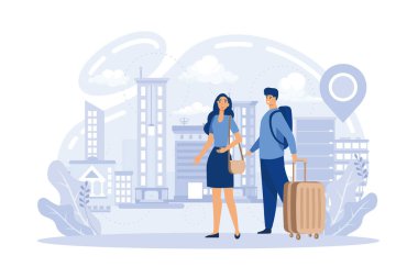 Geçici göç metaforları. Göçebe yaşam tarzı, kırsal ve mevsimsel göç. Tatil turizmi. Yerleşme yeri değiştiriliyor, yeni konuma taşınıyor düz vektör modern illüstrasyon