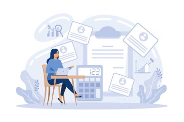 İnsan Kaynakları müdürü ve iş görüşmeleri ve iş akışı şeması. Personel değerlendirme yazılımı, İK şirket sistemi, çalışan kontrol programı konsepti. düz vektör modern illüstrasyon