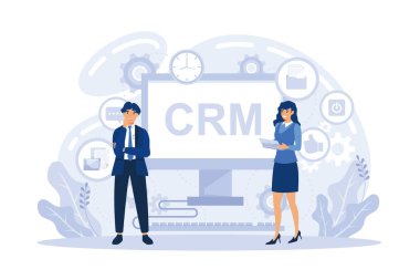 Menajer müşteriyle el sıkışır, müşteriyle etkileşim stratejisi oluşturur. Müşteri ilişkileri yönetimi, CRM sistemi, CRM yönetim konsepti. düz vektör modern illüstrasyon