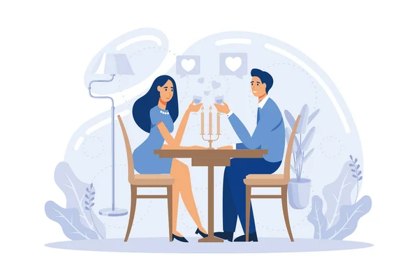 恋爱中的一对快乐的情侣坐在餐桌边 个个矮小 浪漫的约会 浪漫的关系 爱情故事的概念 平面矢量现代插图 — 图库矢量图片
